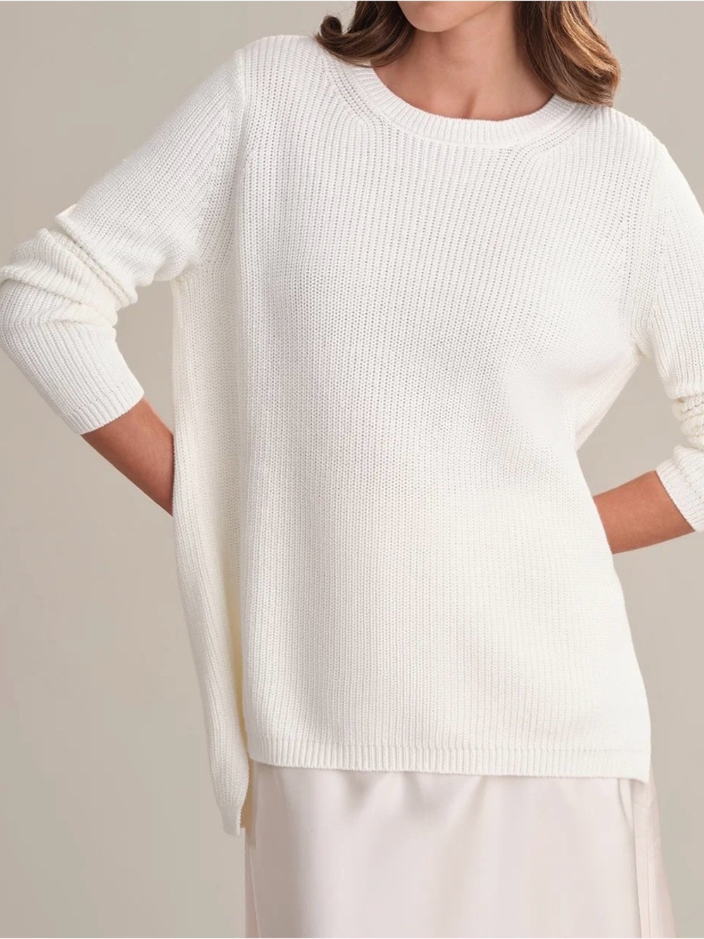 525 America Ivory Cream Emma Crewneck Shaker Stitch All Cotton Tunic Sweater, XL